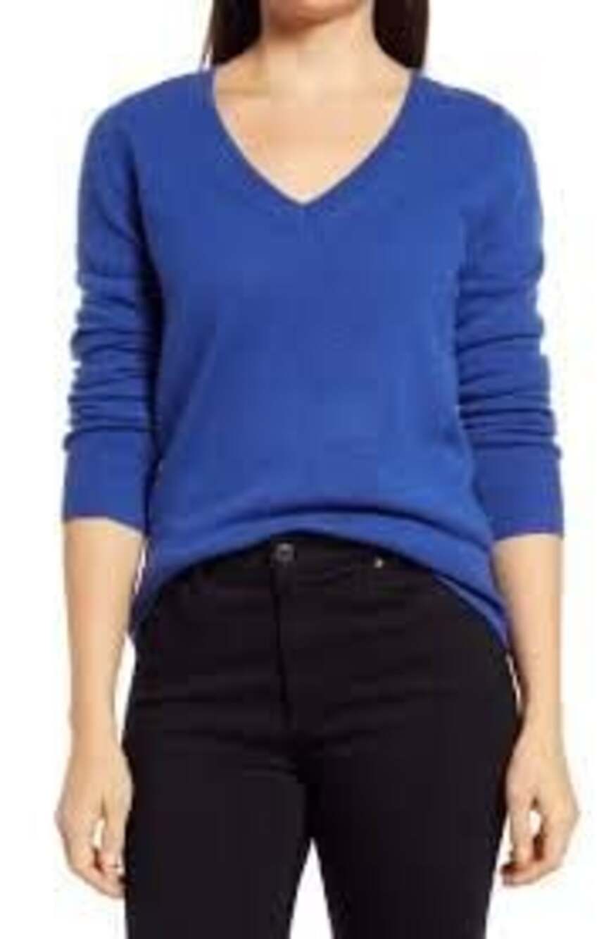 New York & Company Women's Blue V-Neck Long Sleeve Sweater Size L